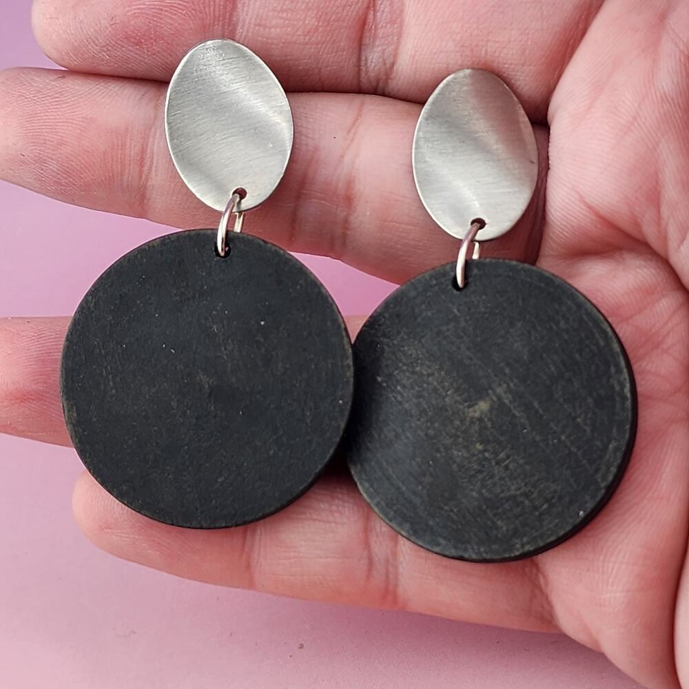 Black Disc Drop Earrings Silver Tone Oval Stud Large Modernist Statement Pair